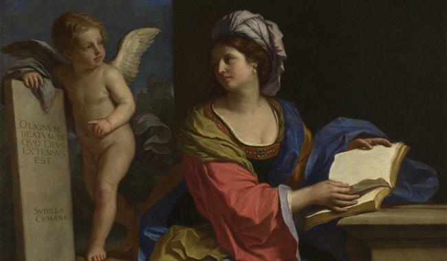 A painting of a woman reading a book with an angel.