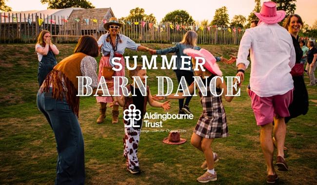 Children dancing with wording that says Summer Barn Dance