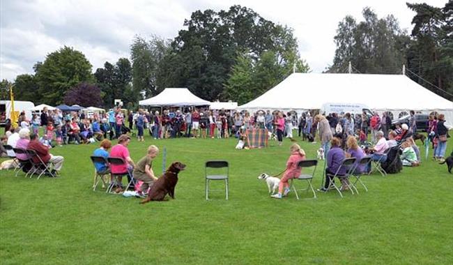 field with marquee and visitors to show