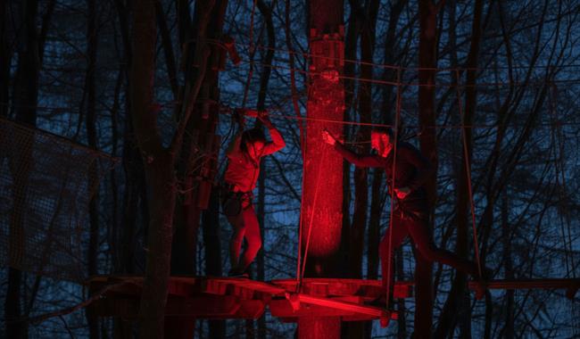 A couple on a high ropes course at night with coloured red lighting shining