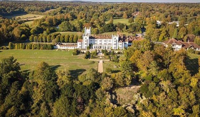 Aerial view of the gardens and house