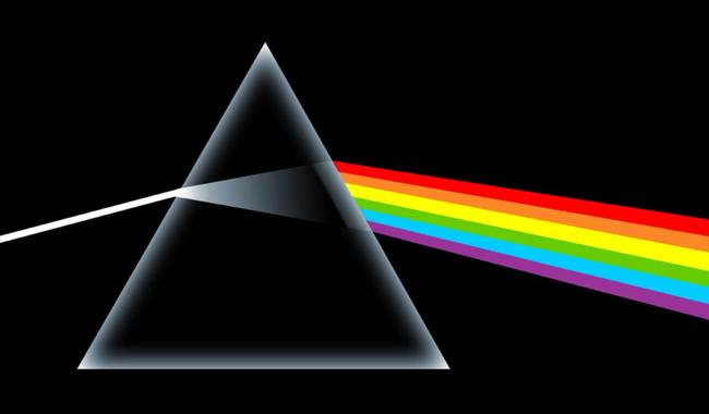 Pink floyd album cover artwork. There is a white triangle and a rainbow coming from the right hand side of the triangle.