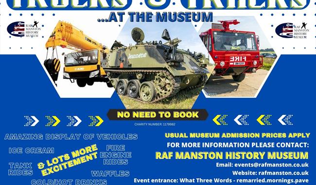 Blue and white background with pictures of tank, fire engine and crane. Yellow writing of details underneath