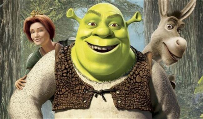 Shrek movie poster. Shrek, Donkey and Fiona looking at the camera.