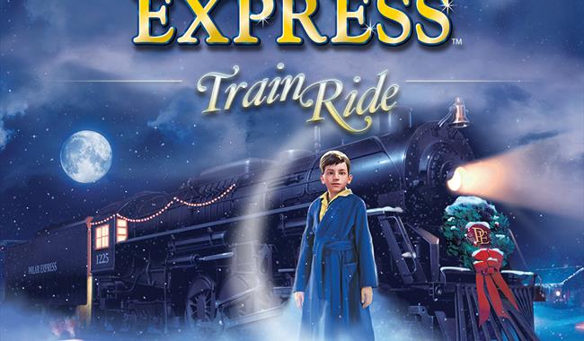 Official artwork of hero boy stood next to the polar express train
