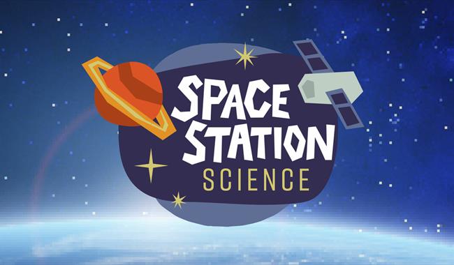 A blue background with a graphic saying 'Space Station Science'