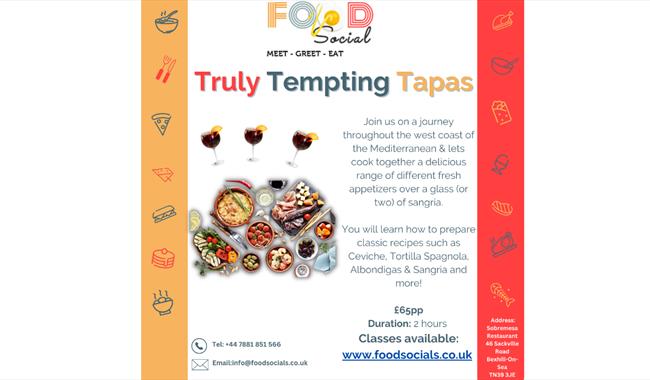 Poster for Truly Tempting Tapas. White background with tapas dishes and sangria glasses. The text is in the main description.