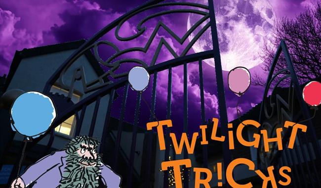 A spooky backdrop with a full moon. There is an image of Mr Twit from the book The Twits by Roald Dahl in the foreground.
