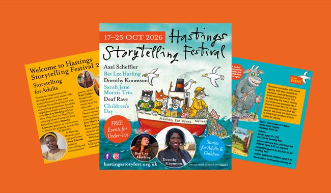Three colourful Hastings Storytelling Festival posters. The centre poster shows an illustrated fishing boat with cartoon characters and seagulls, list