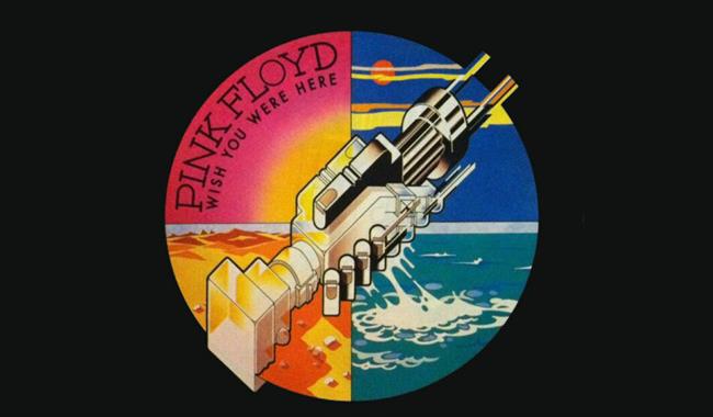 Album cover of Pink Floyd's Wish You Were Here. There is a circle split into four sections and colours - pink, blue, orange and turquoise. There are t