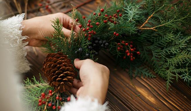 Wreath making using natural foliage and berries