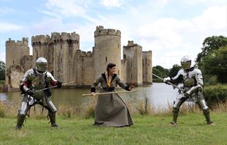 Three people in fighting stances with a castle in the background.