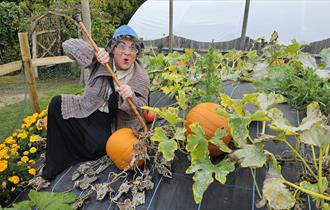 witchy woman crouching next to pumkins