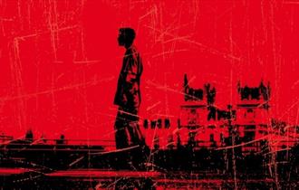 28 days later movie poster. Red background with a black silhouette of a man walking through London with Big Ben in the background.