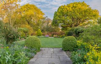 View of oak tree and herbaceous borders in the Middle Garden