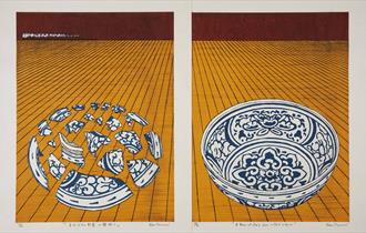 Two prints in bold yellow, red and black colour depicting a china bowl shattered on the left and whole on the right.