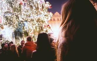 Person looking up at decorated outdoor Christmas tree