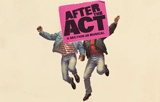 An illustration of two people holding hands and jumping with their free arms outstretched. Over their faces is a bright pink poster that reads 'After