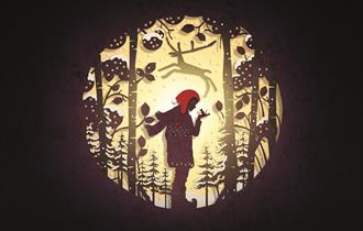 A circular cut-out silhouette, like an old-fashioned fairy story image, shows a boy wearing a red cap, a scarf, coat and boots, holding up his hand on
