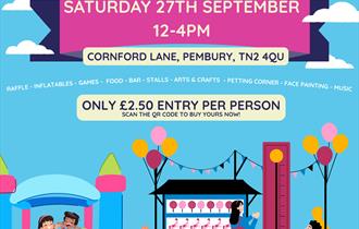 Poster for Aspens Fun Fest on Saturday 27th September, 12–4 PM at Cornford Lane, Pembury. £2.50 entry per person. Event includes raffle, games, inflat