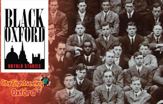 Black Oxford Untold Stories Bus & Walking Tour and City Sightseeing Oxford logo are to the left of a photo of some Oxford scholars.