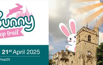 Picture of a bunny peering from behind Carfax Tower next to a City Sightseeing logo