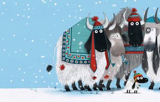Five illustrated yaks with large horns are dressed in woolly clothing standing around the littlest yak in the middle, much smaller than the rest. She