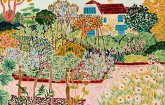 A painting of a garden with a house