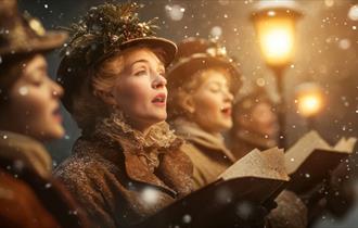 Women singing outside underneath a street lamp