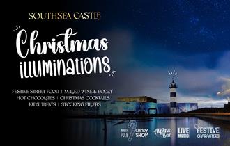 Poster for the Christmas Illuminations event at Southsea Castle, featuring the building under a starlit sky