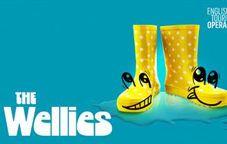 Yellow smiling wellies against a blue background