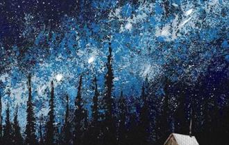Painting of a cottage in the snow in a forest with the milky way shining in the sky