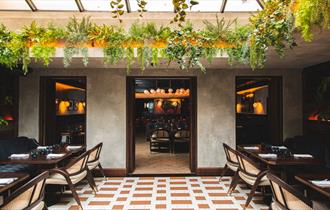 Bright, light seating area with foliage around the edge.