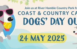Text reads: Join us at River Hamble Country Park for the Coast & Country Canines Dogs' Day Out 24 May 2025, with a logo of a happy grey lurcher type d