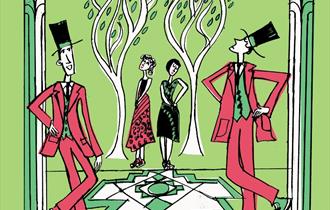 Cartoon of two men lean against pillars on the left and right while two women stand under trees in the background.