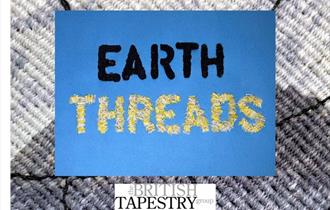 image of tapestry with Earth Threads logo on top of this