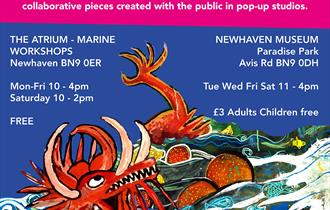 Printed flyer on dark blue background, white writing and illustrated images of a witch in small boat and a red dragon.