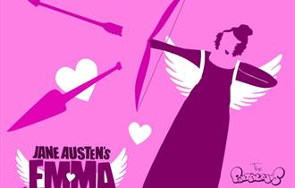 On a pink background is a tilted outline of a regency lady firing arrows at hearts. Text reads 'Jane Austen's Emma' and 'The Pantaloons'