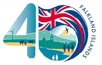 Falklands 40 logo, featuring illustrated scenes from the islands within the numbers 4 0. Image copyright: The Falkland Islands Government (FIG)