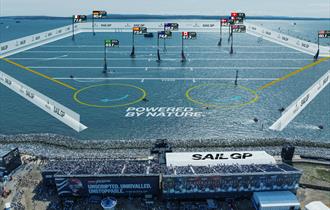 Aerial photograph of SailGP taking place on The Solent