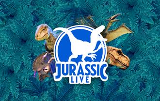 Logo for Jurassic Live, featuring some of the dinosaur puppets around the logo, which features the show title in blue font.