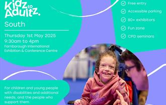 Promotional poster for Kidz to Adultz South, an event for children and young people with disabilities and additional needs, along with their supporter