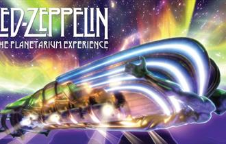 Led Zeppelin album cover. There is a metallic man in the centre of the image with a mountainous background and aurora in the night sky. The background