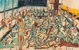 painting in bold brushstrokes showing a crowded swimming pool.