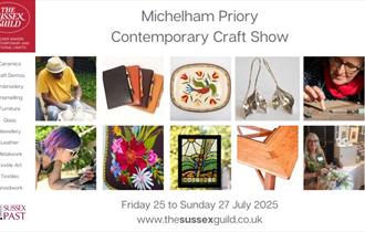 An image grid showing images of handmade crafts and craft demonstrations including ceramics, stained glass, embroidery, jewellery, leather accessories