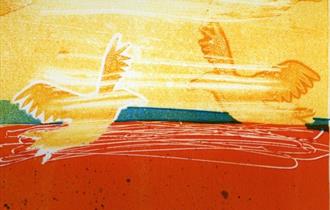 Monoprint landscape and birds