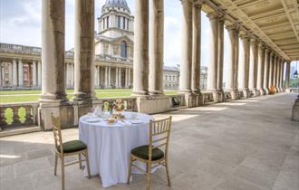Outdoors afternoon teas in the colonnades at the Old Royal Naval College in Greenwich.