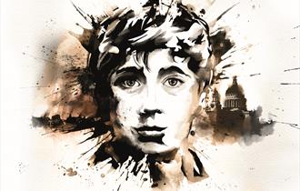 An image of a young boy's face painted in brown and black ink and paint,  with visible splotches and brush strokes. He is looking straight ahead with