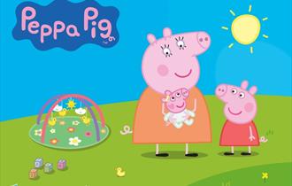 pepa pig, mummy pig and evie with blue background