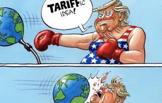 A bright and colourful cartoon of a man wearing an American flag tank top and red boxing gloves. In the first scene at the top he is smiling and punch